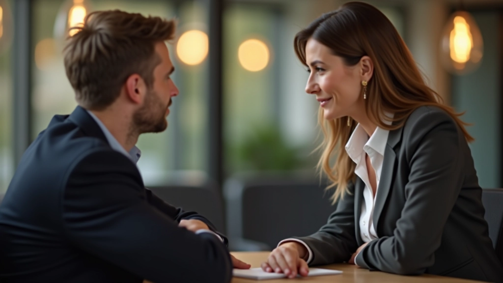Zwei Menschen in konstruktivem Gespräch, einer sitzt zuhörend gegenüber dem anderen mit offener Körperhaltung