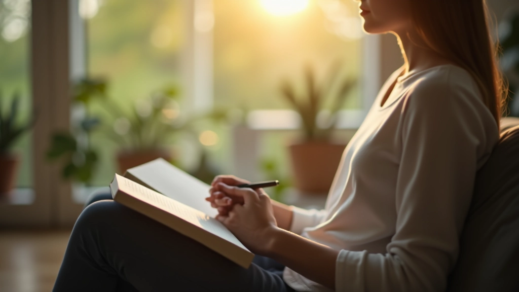 Person praktiziert Achtsamkeit und Reflexion durch Tagebuchschreiben in ruhiger Umgebung