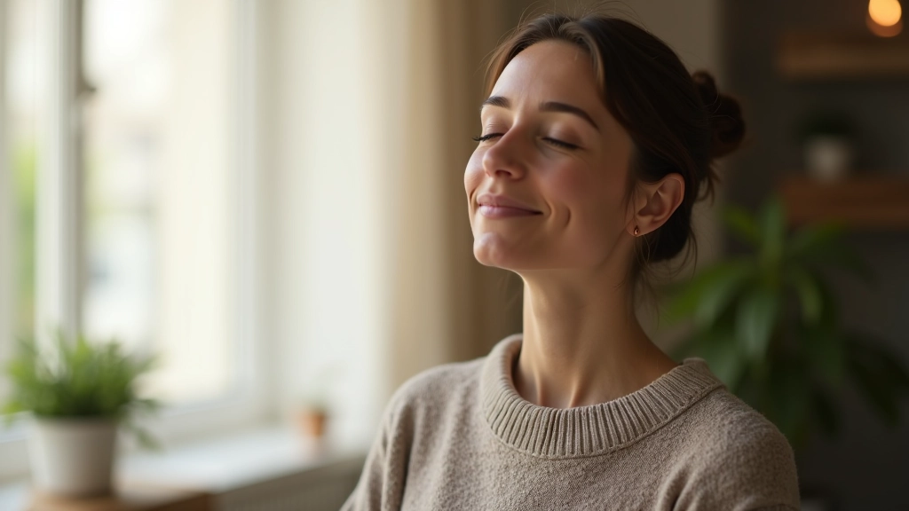 Frau meditiert ruhig an einem hellen Fenster mit entspanntem Gesichtsausdruck