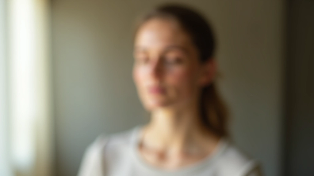 Frau mit geschlossenen Augen praktiziert tiefe Atmung in ruhiger Umgebung mit sanftem Licht