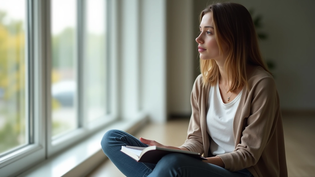 Frau sitzt in Meditationshaltung am Fenster mit Notizbuch neben sich